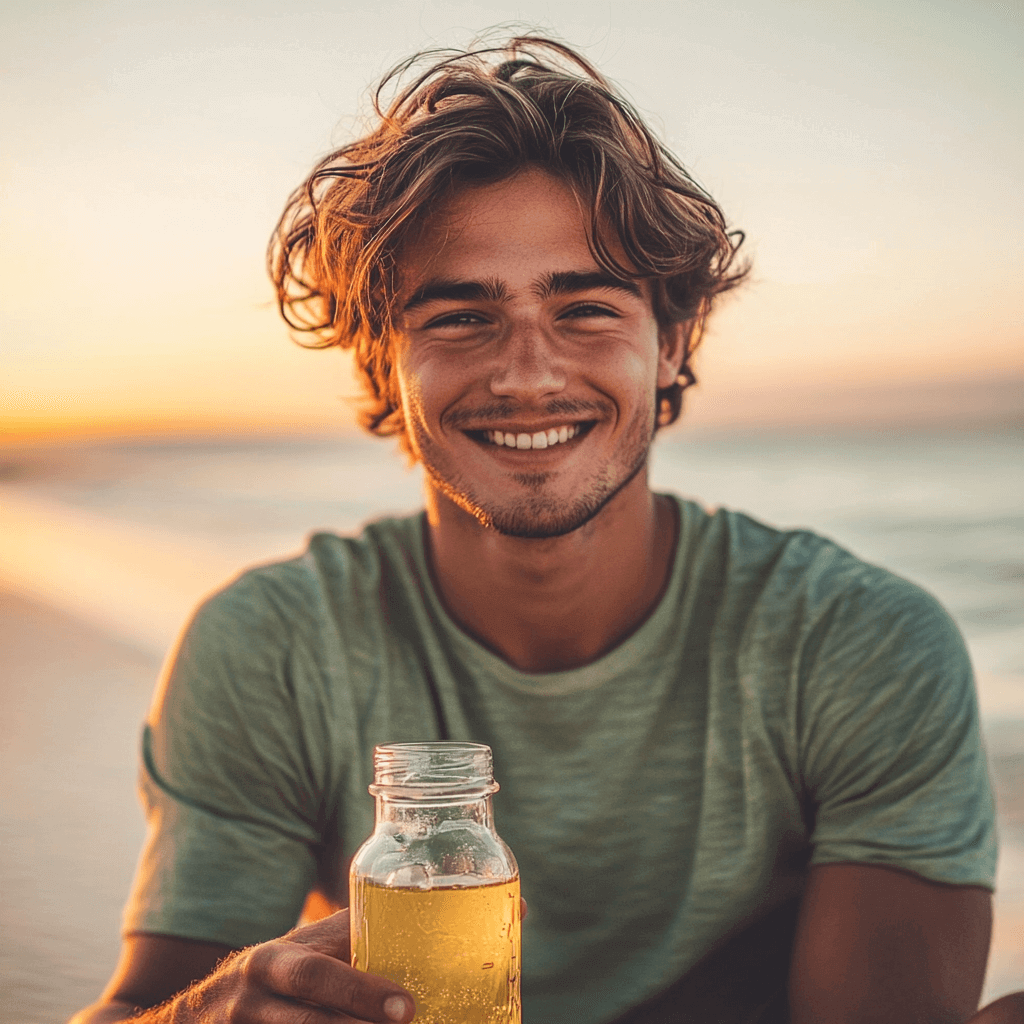 Mann trink caámate-Sirup am Strand